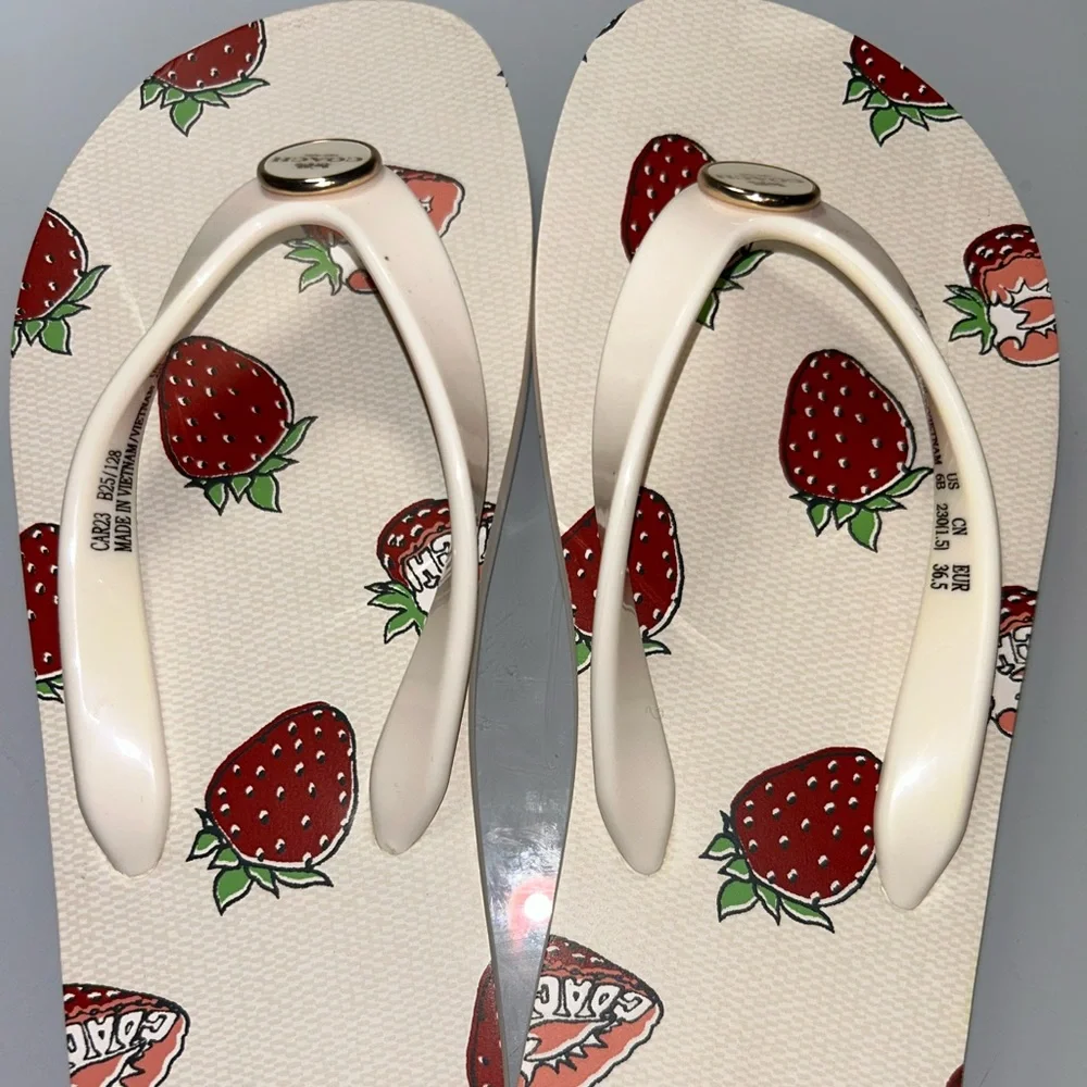 Coach White Strawberry Print Flip Flops